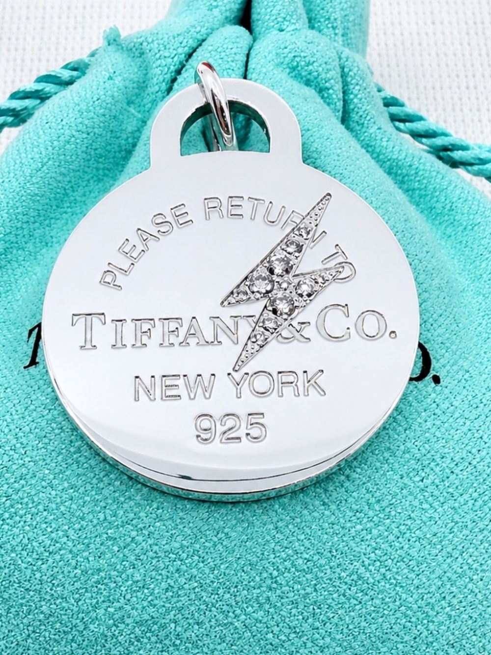 RETIRED Tiffany & Co LARGE Diamond Lightening Bolt Round Charm Pendant in Silver
